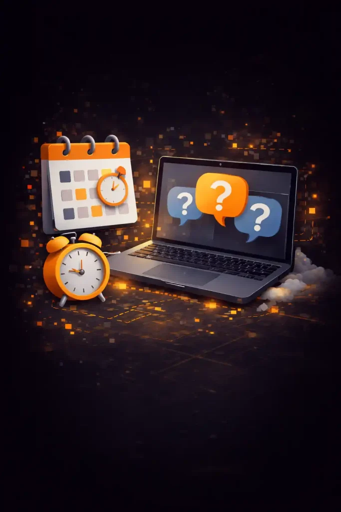 Calendario, orologio e notebook con punti interrogativi