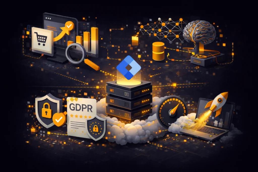 Logo di Google Tag Manager, grafici, documento gdpr