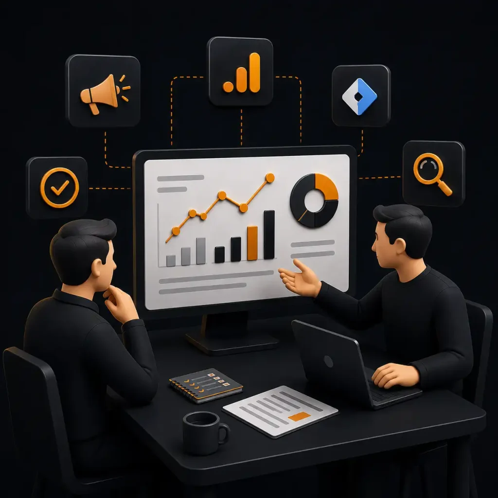 Due persone che discutono guardando un grafico in una consulenza google analytics 4 per una consulenza analytics e tracciamenti per agenzie